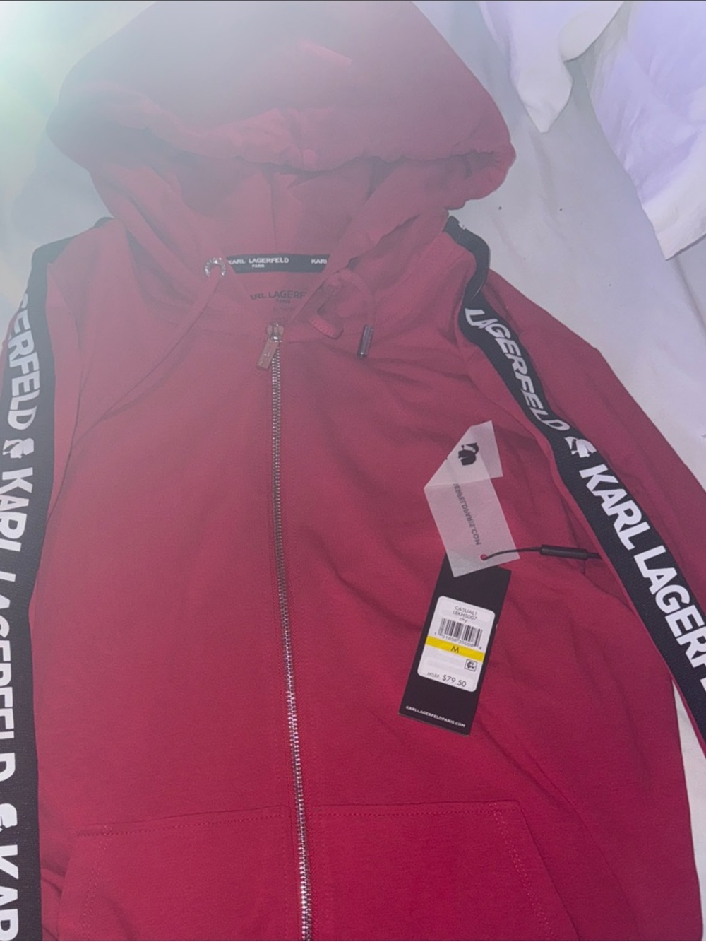 Karl Lagerfeld Red Hooded Zip Sweatshirt with Black Branded Tape